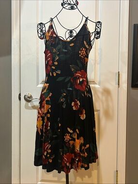 Black Mini Dress with Red Yellow & Green Floral Print
